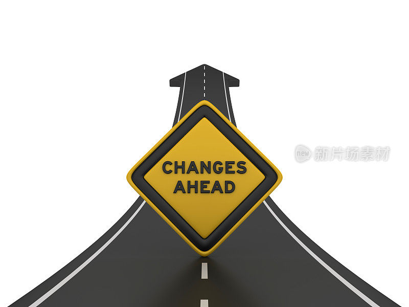 道路箭头与改变前方道路标志- 3D渲染